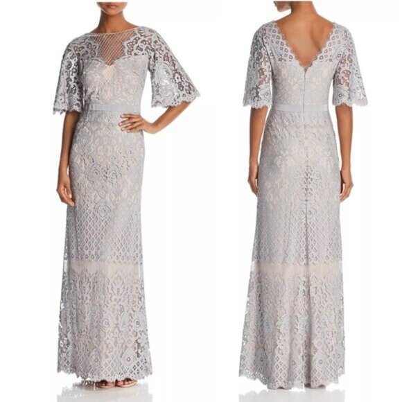 Tadashi Malina Flutter Sleeve Lace Gown In Pewter/ Petal - 6 - Picture 1 of 10